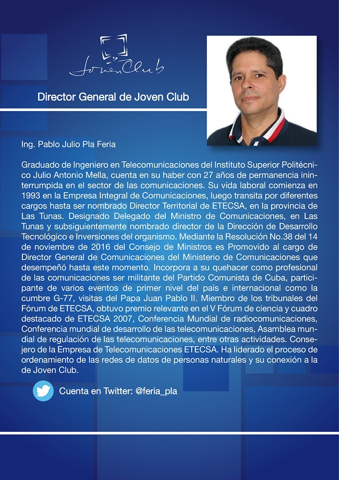 En la mañana de hoy se realizó el acto de entrega y recepción del cargo de Director General de Joven Club. Fue nombrado el compañero Ing. Pablo Julio Pla Feria